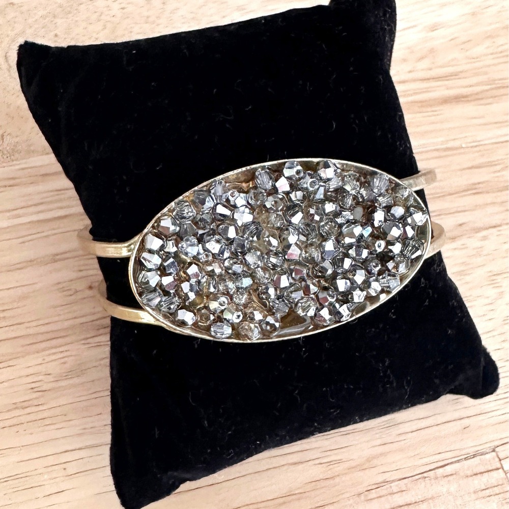 KC Antique Gold‎ Druzy Cuff Bracelet Clamp Style Black Crystal Statement 7.5"